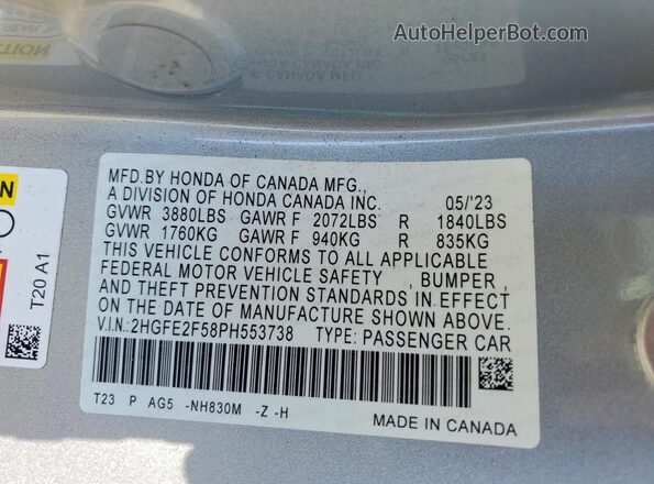 2HGFE2F58PH553738 2023 HONDA CIVIC Серебряный Вид подкапотного пространства