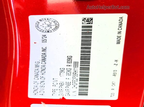 2HGFE2F58RH116888 2024 HONDA CIVIC Red Вид наклейки з VIN-кодом