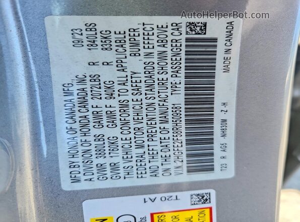 2HGFE2F58RH509581 2024 HONDA CIVIC Silver Vista de la etiqueta del VIN