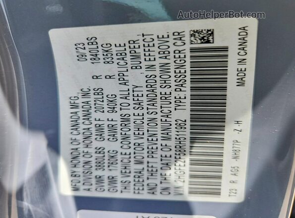 2HGFE2F58RH511962 2024 HONDA CIVIC Gray Vista de la etiqueta del VIN