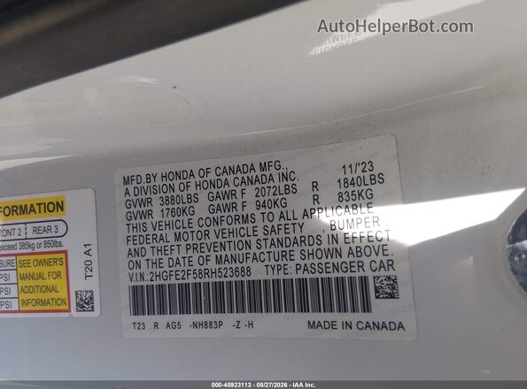 2HGFE2F58RH523688 2024 HONDA CIVIC White Vista del compartimento del motor