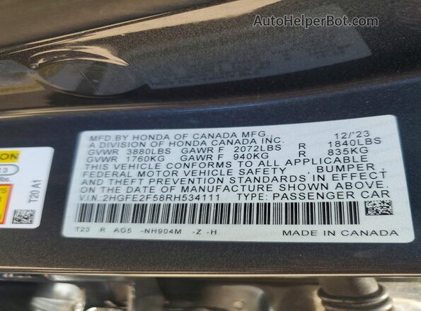 2HGFE2F58RH534111 2024 HONDA CIVIC Charcoal Вид наклейки з VIN-кодом