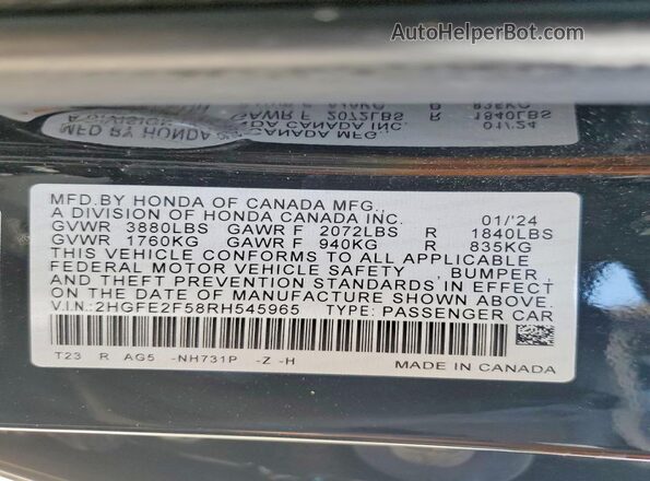 2HGFE2F58RH545965 2024 HONDA CIVIC Black Շարժիչի բաժամունքի տեսք