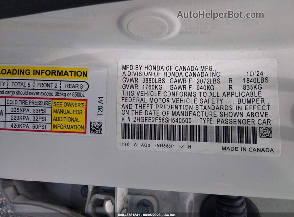 2HGFE2F58SH540500 2025 HONDA CIVIC White ძრავის განყოფილების ხედი