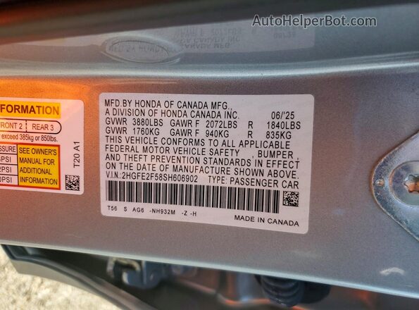 2HGFE2F58SH606902 2025 HONDA CIVIC Silver Engine compartment view