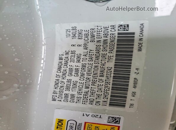2HGFE2F58TH533242 2026 HONDA CIVIC White Vista del compartimento del motor