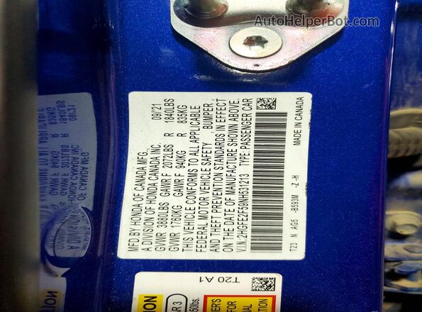 2HGFE2F59NH531213 2022 HONDA CIVIC Blue Vista del compartimento del motor