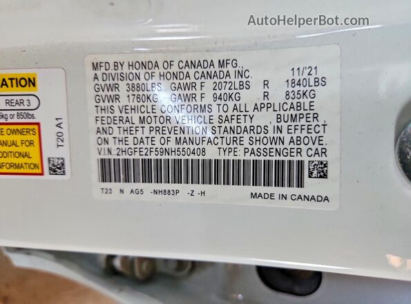 2HGFE2F59NH550408 2022 HONDA CIVIC White Շարժիչի բաժամունքի տեսք