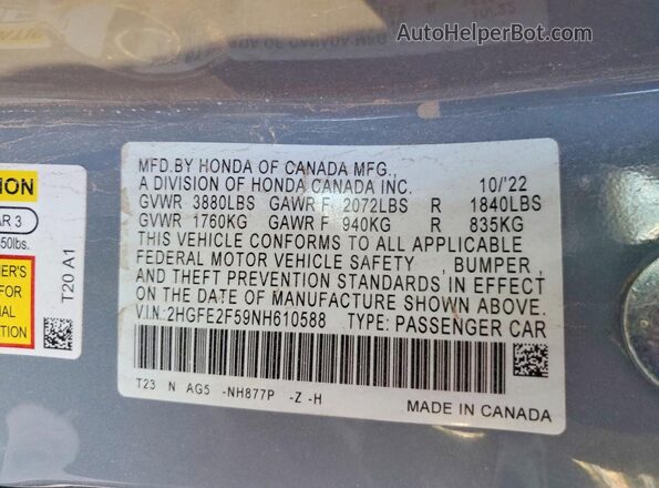 2HGFE2F59NH610588 2022 HONDA CIVIC Gray Widok naklejki z numerem VIN
