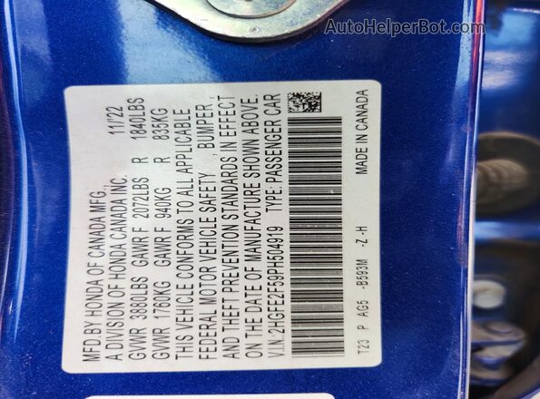 2HGFE2F59PH504919 2023 HONDA CIVIC Blue Շարժիչի բաժամունքի տեսք