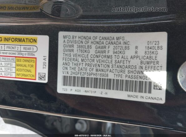 2HGFE2F59PH516908 2023 HONDA CIVIC Black Vista del compartimento del motor