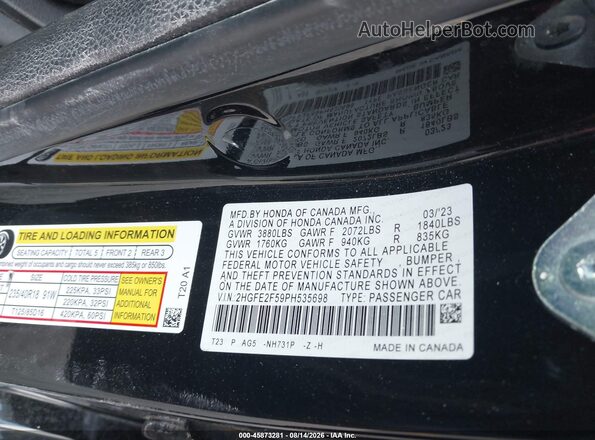 2HGFE2F59PH535698 2023 HONDA CIVIC Black Widok komory silnika