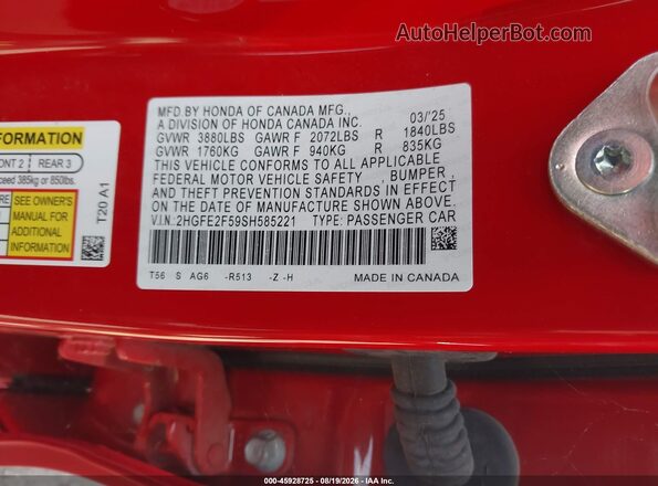 2HGFE2F59SH585221 2025 HONDA CIVIC Red Widok komory silnika