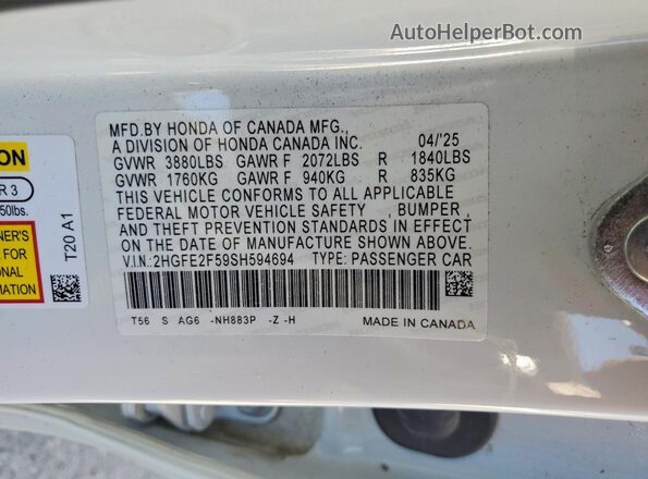 2HGFE2F59SH594694 2025 HONDA CIVIC White Widok naklejki z numerem VIN