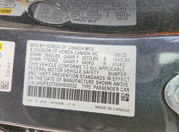 2HGFE2F59SH605032 2025 HONDA CIVIC Gray ძრავის განყოფილების ხედი