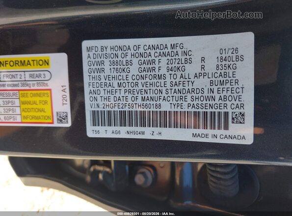 2HGFE2F59TH560188 2026 HONDA CIVIC Gray Engine compartment view