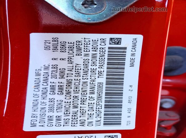 2HGFE2F5XNH500858 2022 HONDA CIVIC Red Շարժիչի բաժամունքի տեսք