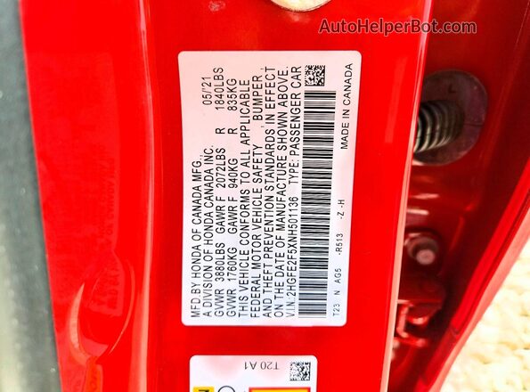2HGFE2F5XNH501136 2022 HONDA CIVIC Red Vista del compartimento del motor