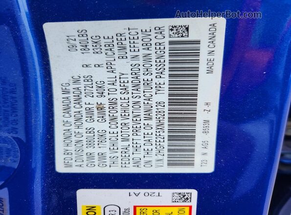 2HGFE2F5XNH528126 2022 HONDA CIVIC Blue Widok komory silnika
