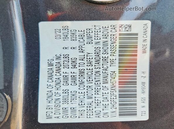 2HGFE2F5XNH574054 2022 HONDA CIVIC Gray Շարժիչի բաժամունքի տեսք