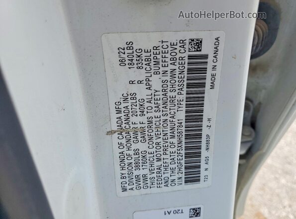 2HGFE2F5XNH587841 2022 HONDA CIVIC Белый Вид подкапотного пространства