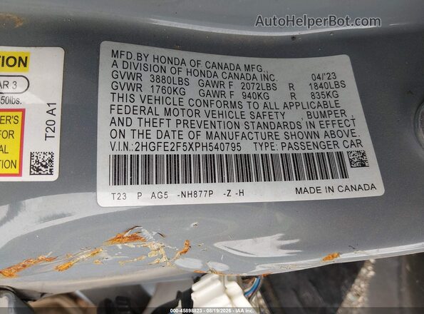 2HGFE2F5XPH540795 2023 HONDA CIVIC Gray Widok komory silnika