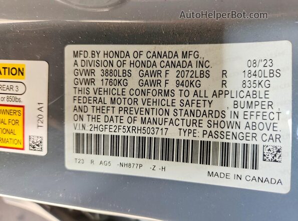 2HGFE2F5XRH503717 2024 HONDA CIVIC Gray Engine compartment view
