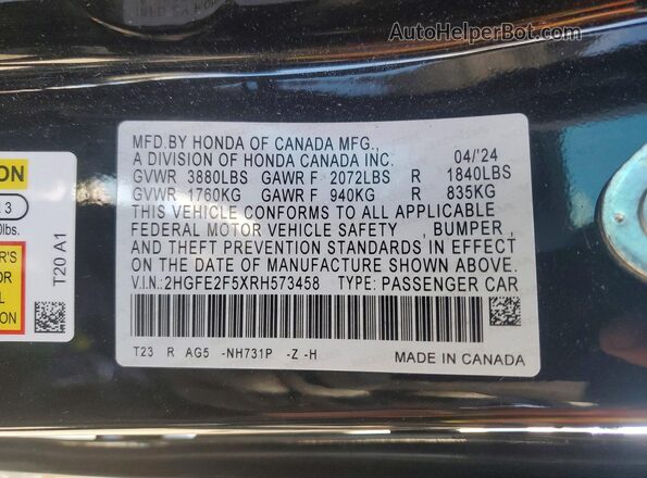2HGFE2F5XRH573458 2024 HONDA CIVIC Black Widok naklejki z numerem VIN