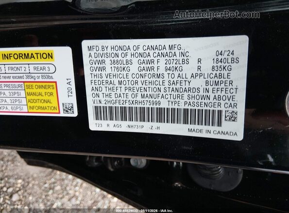 2HGFE2F5XRH575999 2024 HONDA CIVIC Black Շարժիչի բաժամունքի տեսք