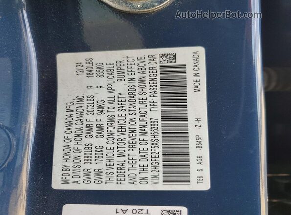 2HGFE2F5XSH553667 2025 HONDA CIVIC Blue Вид підкапотного простору