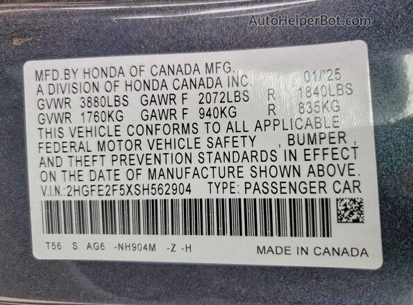 2HGFE2F5XSH562904 2025 HONDA CIVIC Серый Вид наклейки с VIN-кодом