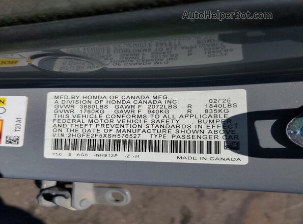 2HGFE2F5XSH576527 2025 HONDA CIVIC Silver Vista del compartimento del motor