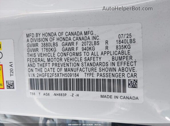 2HGFE2F5XTH509184 2026 HONDA CIVIC White Widok komory silnika