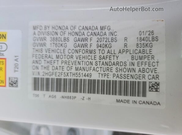 2HGFE2F5XTH551449 2026 HONDA CIVIC White ძრავის განყოფილების ხედი