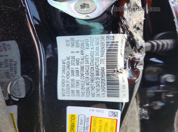 2HGFE2F5XTH599484 2026 HONDA CIVIC Black Vista de la etiqueta del VIN