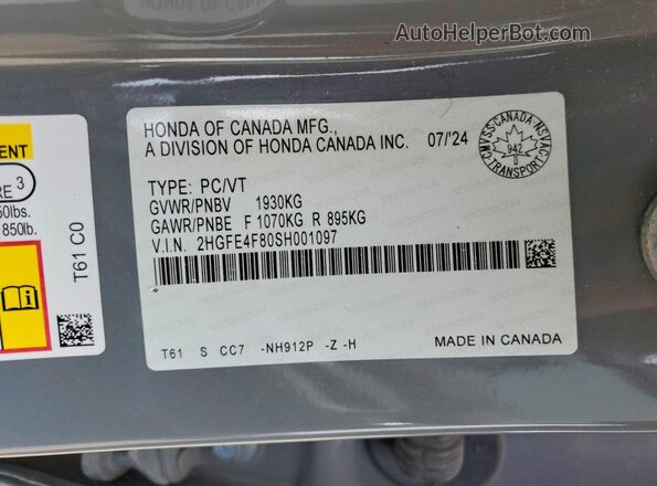 2HGFE4F80SH001097 2025 HONDA CIVIC Gray VIN sticker view