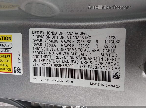 2HGFE4F80SH326008 2025 HONDA CIVIC Серебряный Вид подкапотного пространства