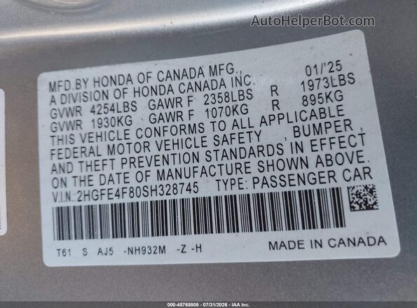 2HGFE4F80SH328745 2025 HONDA CIVIC Silver Вид підкапотного простору