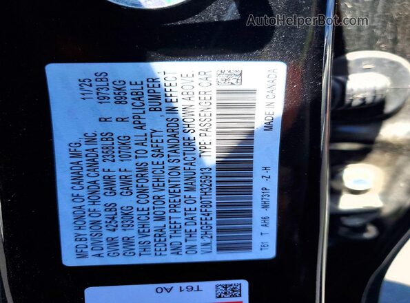 2HGFE4F80TH325913 2026 HONDA CIVIC Black Вид підкапотного простору
