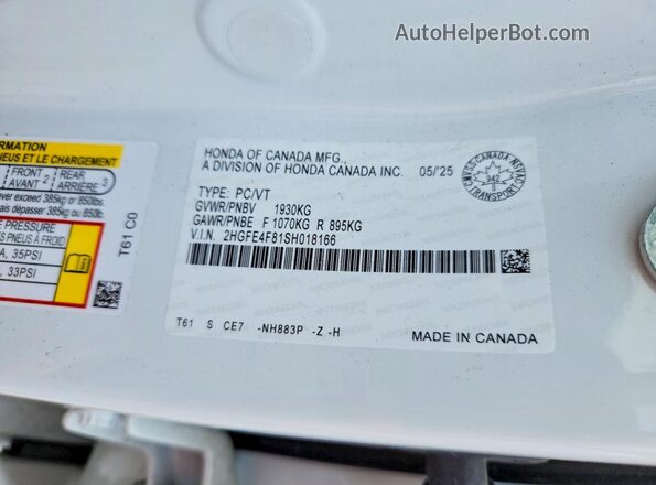 2HGFE4F81SH018166 2025 HONDA CIVIC White VIN կոդի պիտակի տեսք