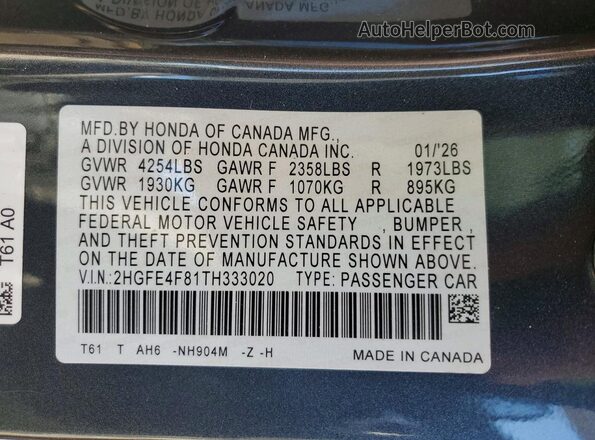 2HGFE4F81TH333020 2026 HONDA CIVIC Gray Widok komory silnika