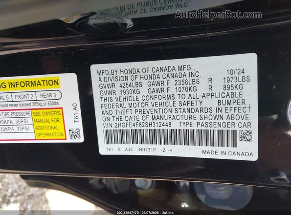 2HGFE4F82SH312448 2025 HONDA CIVIC Black Շարժիչի բաժամունքի տեսք