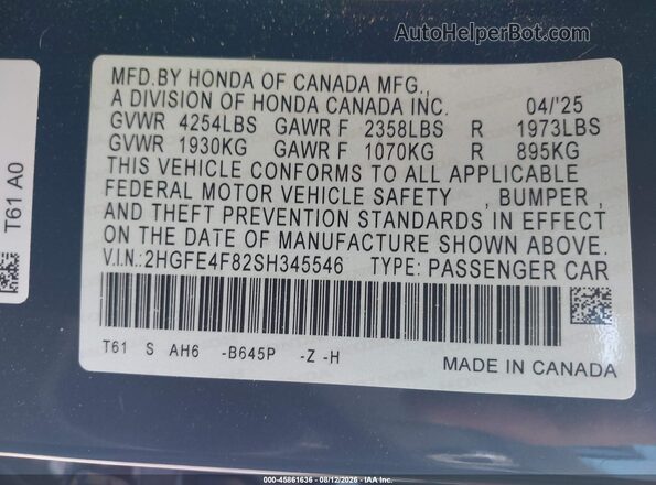 2HGFE4F82SH345546 2025 HONDA CIVIC Gray Вид підкапотного простору