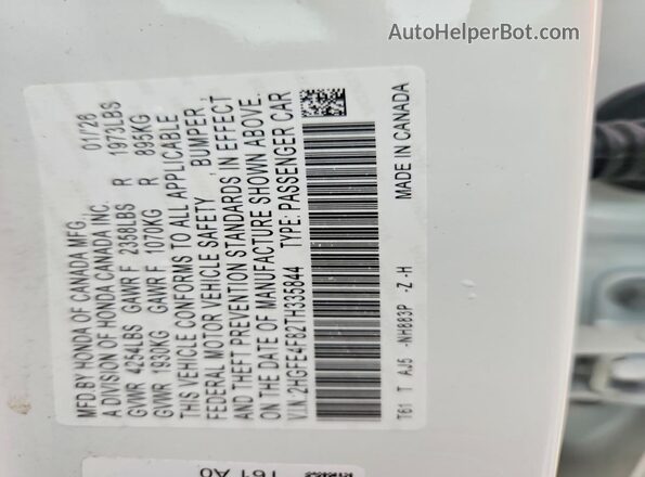 2HGFE4F82TH335844 2026 HONDA CIVIC White Vista del compartimento del motor