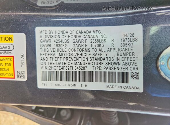 2HGFE4F82TH345287 2026 HONDA CIVIC Серый Вид подкапотного пространства