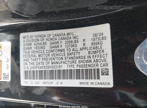 2HGFE4F83SH303161 2025 HONDA CIVIC Черный Вид подкапотного пространства