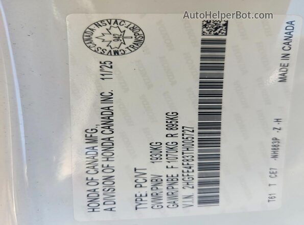 2HGFE4F83TH005727 2026 HONDA CIVIC White Շարժիչի բաժամունքի տեսք