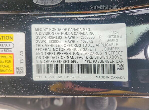 2HGFE4F84SH315982 2025 HONDA CIVIC Black VIN sticker view