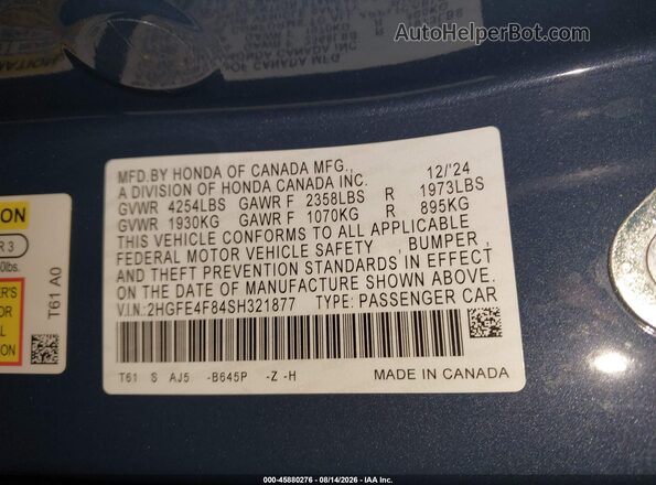 2HGFE4F84SH321877 2025 HONDA CIVIC Blue Vista del compartimento del motor
