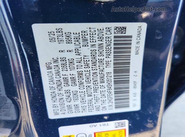 2HGFE4F84SH351218 2025 HONDA CIVIC Blue Widok naklejki z numerem VIN